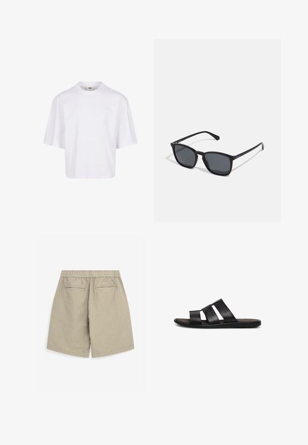 Hvid t-shirt med korte ærmer, der har en rund halsudskæring og en afslappet pasform, lavet af et glat bomuldsblandingsstof. Ingen mønstre eller udsmykninger.; Beige linnedshorts med elastisk talje, to baglommer og en afslappet pasform. Stoffet ser let og struktureret ud.; Sort læder slid sandal med tre brede remme og en flad sål, vist fra siden på en hvid baggrund.; Sorte rektangulære solbriller med mørke linser, slanke plastikrammer og lige arme. Har et diskret logo på siden.