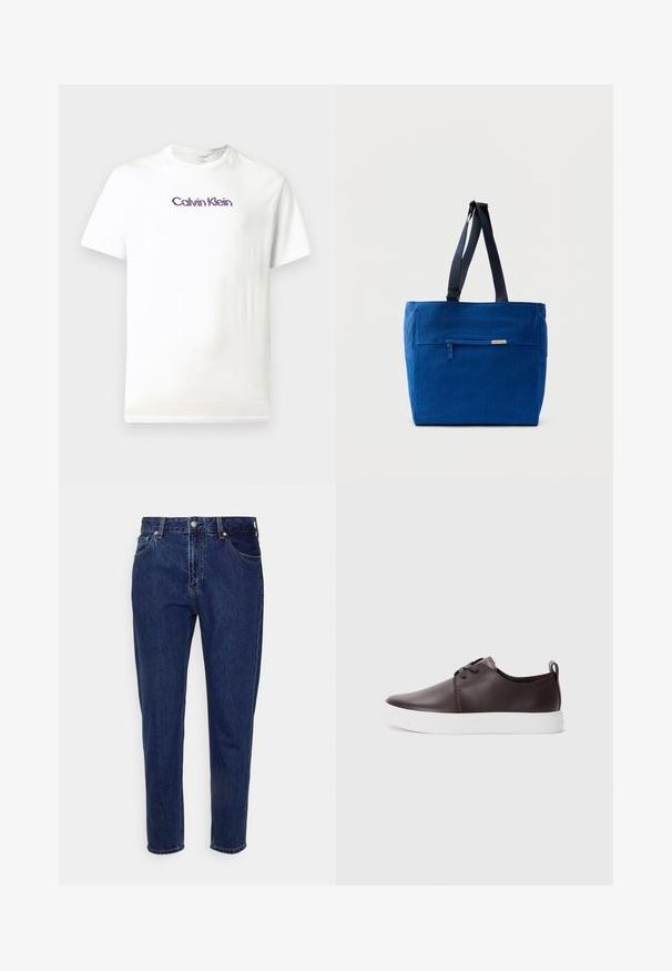 Biely bavlnený tričko s okrúhlym výstrihom, krátkymi rukávmi a fialovým logom "Calvin Klein" potlačeným na hrudi.; Tmavomodré rifľové nohavice rovného strihu s predným zapínaním na gombík a zips, s pútkami na opasok a prednými aj zadnými vreckami.; Hnedé kožené tenisky s hladkým povrchom, bielou gumovou podrážkou, zaoblenou špičkou a šnurovaním. Obsahujú aj pútko na päte.; Modrá plátenná taška cez rameno s predným vreckom na zips, dvojitými ramennými popruhmi a obdĺžnikovým tvarom. Má nenápadnú značkovú etiketu.