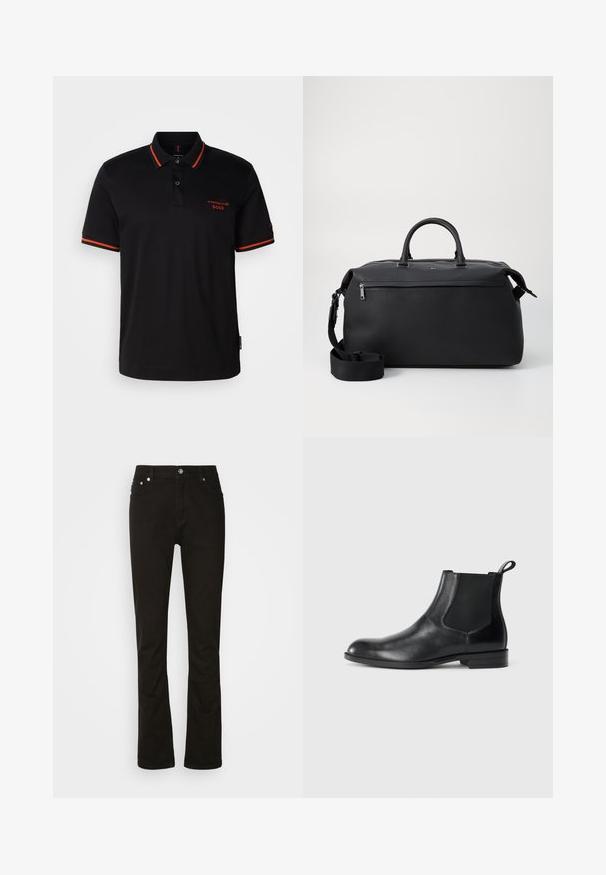 Camisa polo negra con acentos rojos en el cuello y las mangas. Presenta un escote con botones y un logo bordado de Porsche BOSS en rojo.; Jeans de denim negro con diseño de pierna recta, que cuentan con bolsillos frontales, una cremallera y acentos de hardware plateado. Textura suave, sin patrones.; Botín negro de cuero hasta el tobillo con paneles elásticos a los lados, punta redondeada y lengüeta. Textura suave, suela plana, diseño minimalista.; Bolsa de viaje de cuero negro con dos asas superiores, una correa de hombro desmontable y un bolsillo frontal con cremallera para almacenamiento adicional.