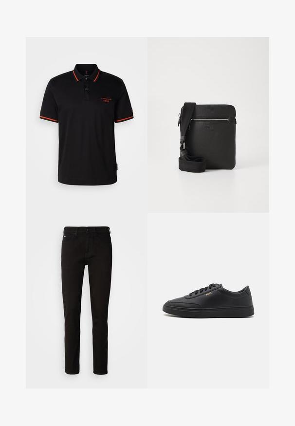 Camisa polo negra con acentos rojos en el cuello y las mangas. Presenta un escote con botones y un logo bordado de Porsche BOSS en rojo.; Jeans de mezclilla negra con un corte recto, cierre de cremallera y diseño de cinco bolsillos. La tela tiene una textura suave sin patrones visibles.; Zapatillas de cuero negro con una textura suave, punta redondeada, suela plana de goma y cordones a tono. Presentan el logotipo dorado "BOSS" en el lateral.; Bolso cruzado de cuero negro con superficie texturizada, bolsillo frontal con cremallera y correa de tela ajustable. Diseño cuadrado simple.