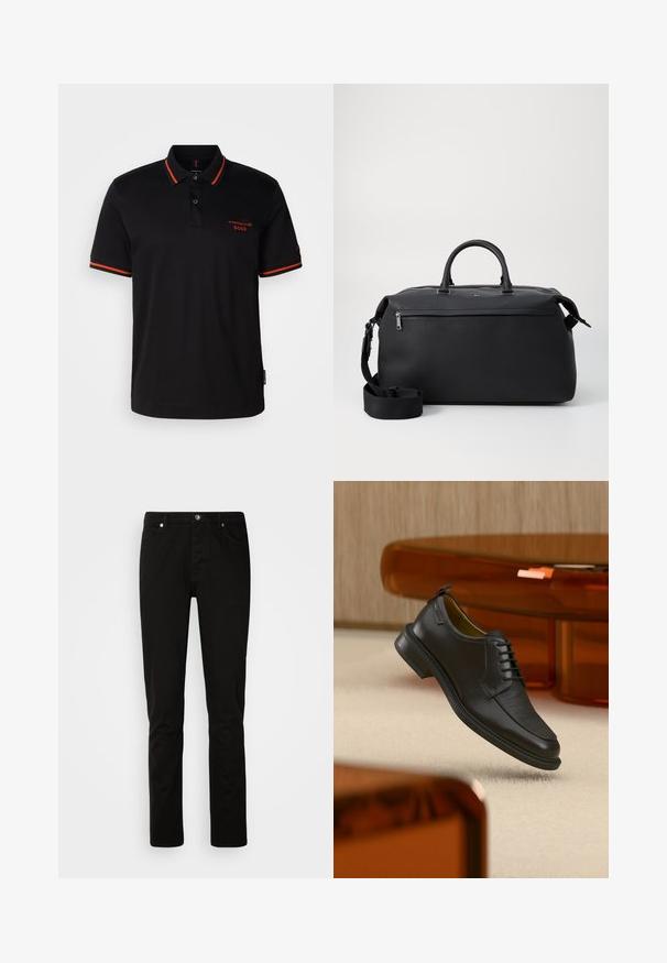 Polo noir avec des accents rouges sur le col et les manches. Il présente un col à boutons et un logo Porsche BOSS brodé en rouge.; Jeans noirs à jambe droite avec fermeture devant par bouton et fermeture éclair, poches avant et arrière, présentés sur un fond clair uni.; Chaussure habillée noire en cuir à lacets avec devant texturé, flottant au-dessus d'un tapis beige dans une pièce moderne avec des meubles teintés d'ambre.; Sac de voyage en cuir noir avec deux poignées supérieures, une bandoulière amovible et une poche avant zippée pour un espace de rangement supplémentaire.