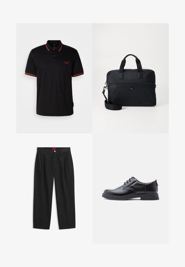 Sort polo-shirt med røde detaljer på kraven og ærmerne. Har en knaplukning ved halsen og broderet Porsche BOSS-logo i rødt.; Sorte bukser med høj talje med forreste læg, bæltestropper, knap og lynlås lukning samt en rød label indeni linningen.; Sorte snørestøvler i læder med glat tekstur, rundet tå og diskrete syningsdetaljer. Har en rød trækflig på hælen.; Sort nylon laptop taske med to håndtag, en aftagelig rem, en lynlås lomme og diskret branding. Tekstureret overflade med et elegant design.