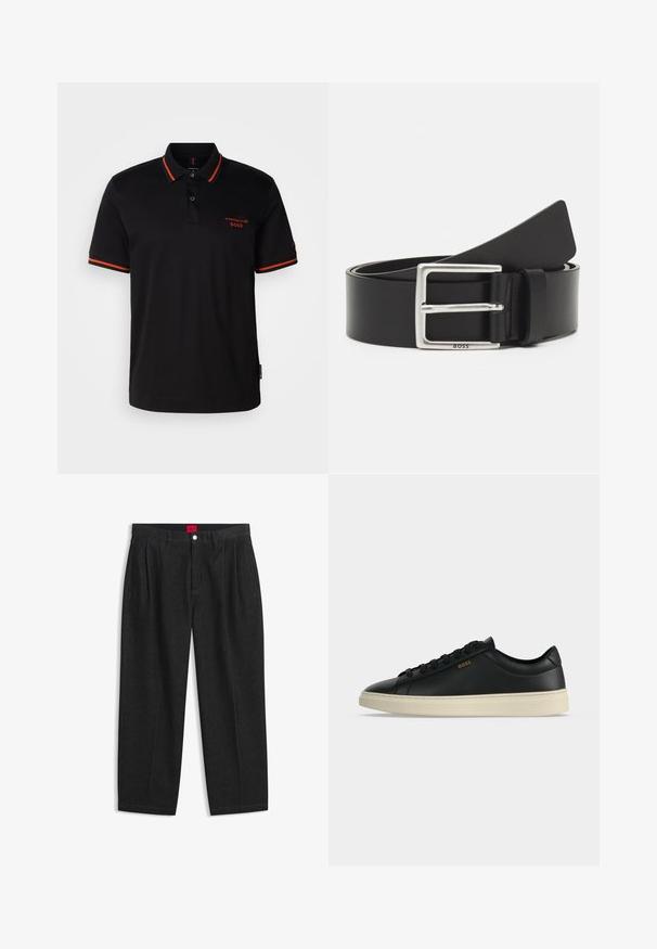 Polo noir avec des accents rouges sur le col et les manches. Il présente un col à boutons et un logo Porsche BOSS brodé en rouge.; Pantalon noir taille haute avec plis sur le devant, passants de ceinture, fermeture par bouton et zip, et une étiquette rouge à l’intérieur de la ceinture.; Baskets basses en cuir noir avec semelle blanche, lacets noirs et petit logo BOSS doré sur le côté.; Ceinture en cuir noir avec une boucle rectangulaire en argent, dotée d'un logo discret et d'une texture lisse. Les extrémités se terminent en rondeur.