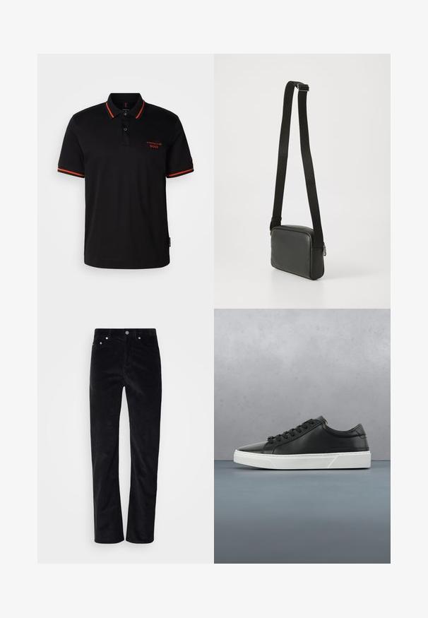 Schwarzes Poloshirt mit roten Akzenten am Kragen und an den Ärmeln. Verfügt über einen Knopfverschluss am Hals und ein in Rot gesticktes Porsche BOSS-Logo.; Schwarze Cordhosen mit geradem Schnitt. Mit einem Knopfverschluss und Fünf-Taschen-Design. Strukturierter, gerippter Stoff.; Schwarze Leder-Sneaker mit runder Zehenpartie, strukturiertem Obermaterial, weißer Gummisohle und schwarzen Schnürsenkeln. Minimalistisches Design mit schlankem Profil.; Schwarze Leder-Crossbody-Tasche mit glatter Textur, rechteckiger Form, verstellbarem schwarzen Riemen und silbernem Reißverschluss-Detail.