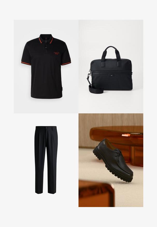 Camisa polo negra con acentos rojos en el cuello y las mangas. Presenta un escote con botones y un logo bordado de Porsche BOSS en rojo.; Pantalones negros de tela suave, con un diseño de pierna recta, pliegues en la parte delantera y cierre de botón con trabillas para cinturón.; Zapato negro de cuero con textura, con cordones y suela gruesa con relieves, con la marca "HUGO" cerca del talón, exhibido sobre una alfombra beige y junto a un mueble color ámbar.; Bolsa para portátil de nylon negro con dos asas, una correa desmontable, un bolsillo con cremallera y un branding sutil. Superficie texturizada con un diseño elegante.
