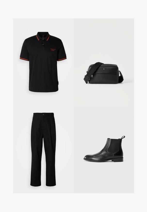Polo noir avec des accents rouges sur le col et les manches. Il présente un col à boutons et un logo Porsche BOSS brodé en rouge.; Pantalons noirs à jambes droites avec une taille à bouton, passants de ceinture et pli avant, présentés sur un fond blanc uni.; Bottine en cuir noir avec des panneaux latéraux élastiques, bout rond et tirette. Texture lisse, semelle plate, design minimaliste.; Sac bandoulière en cuir noir texturé avec poche avant zippée et bandoulière large en tissu réglable sur fond blanc.
