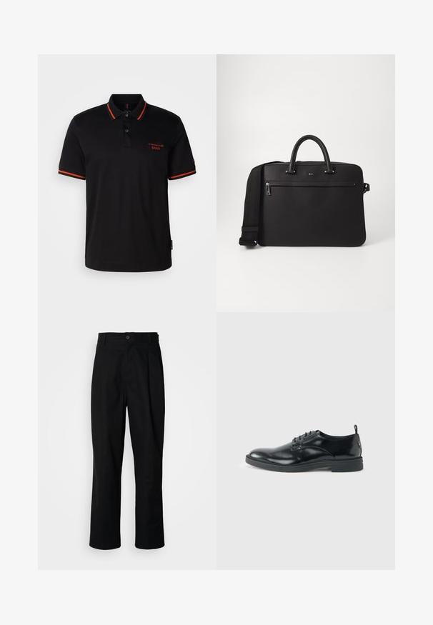 Sort polo-shirt med røde detaljer på kraven og ærmerne. Har en knaplukning ved halsen og broderet Porsche BOSS-logo i rødt.; Sorte lige ben bukser med en knaplukket talje, bæltestropper og en frontfold, præsenteret mod en ensfarvet hvid baggrund.; Blank sort læder dresssko med lav hæl, snørelukning og rund tå, vist fra siden på ensfarvet lys baggrund.; Sort lædertaske med glat overflade, dobbelte top-håndtag og en aftagelig skulderrem. Har en lynlåslomme foran og logo-detalje.