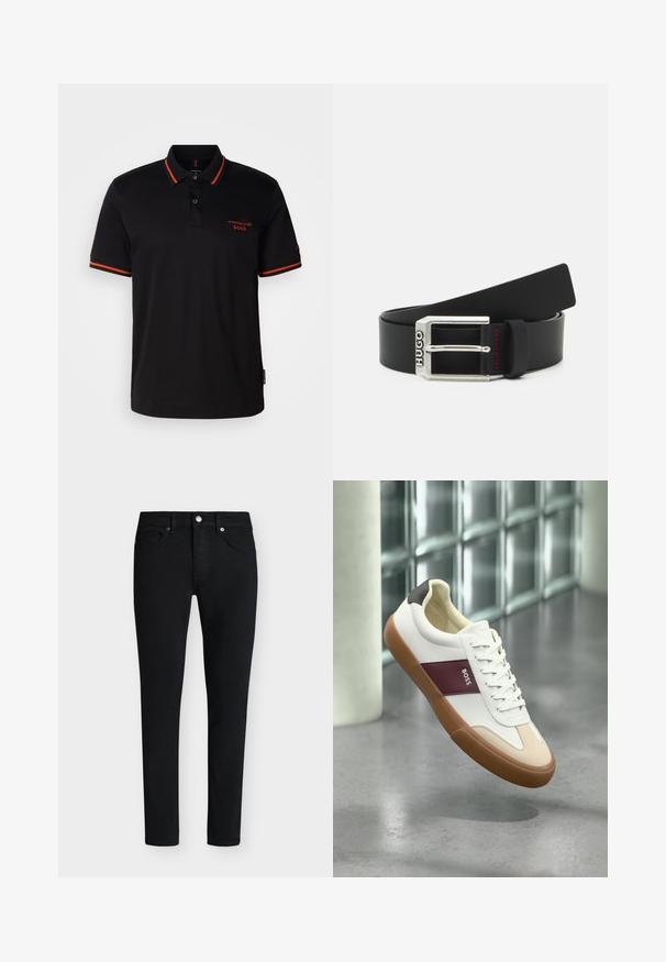 Schwarzes Poloshirt mit roten Akzenten am Kragen und an den Ärmeln. Verfügt über einen Knopfverschluss am Hals und ein in Rot gesticktes Porsche BOSS-Logo.; Schwarze Slim-Fit-Jeans mit Fronttaschen, Gürtelschlaufen, Knopfverschluss und Reißverschluss auf weißem Hintergrund.; Weißer Sneaker mit niedrigem Schaft, brauner Sohle, weinrotem Streifen mit der Aufschrift "BOSS", beigen Zehenakzenten und schwarzer Ferse, der über einem grauen Boden schwebt.; Schwarzer Ledergürtel mit einer silbernen Metallschnalle, die mit "HUGO" graviert ist, und rotem Akzentnähte am Gürtelriemen.