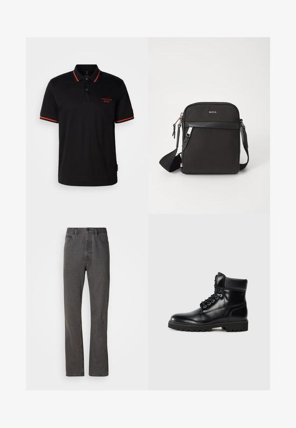 Camisa polo negra con acentos rojos en el cuello y las mangas. Presenta un escote con botones y un logo bordado de Porsche BOSS en rojo.; Vaqueros de mezclilla gris con un diseño de pierna recta, que cuentan con bolsillos frontales, un cierre de botón y una textura sutil.; Botín negro de cuero hasta el tobillo con acabado brillante, diseño con cordones, cuello acolchado y suela de goma resistente con agarres de tracción.; Bolso bandolero negro con un tejido texturizado, logo en la parte frontal, cierre de cremallera y correa ajustable. Presenta un ribete de cuero suave.