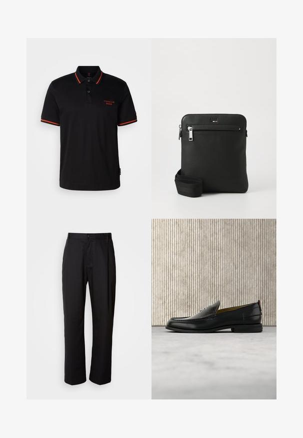 Schwarzes Poloshirt mit roten Akzenten am Kragen und an den Ärmeln. Verfügt über einen Knopfverschluss am Hals und ein in Rot gesticktes Porsche BOSS-Logo.; Schwarze Hosen mit geradem Schnitt, aus leichtem Stoff gefertigt. Verfügt über einen vorderen Knopfverschluss und zwei seitliche Taschen; glatte Textur.; Schwarzer Herren-Slipper aus Leder mit einer krokogeprägten Vorderkappe und einem niedrigen Absatz, im Profil vor neutralem Hintergrund gezeigt.; Schwarze Leder-Umhängetasche mit flachem Design, strukturierter Oberfläche, Reißverschluss, Vordertasche und verstellbarem Stoffriemen.
