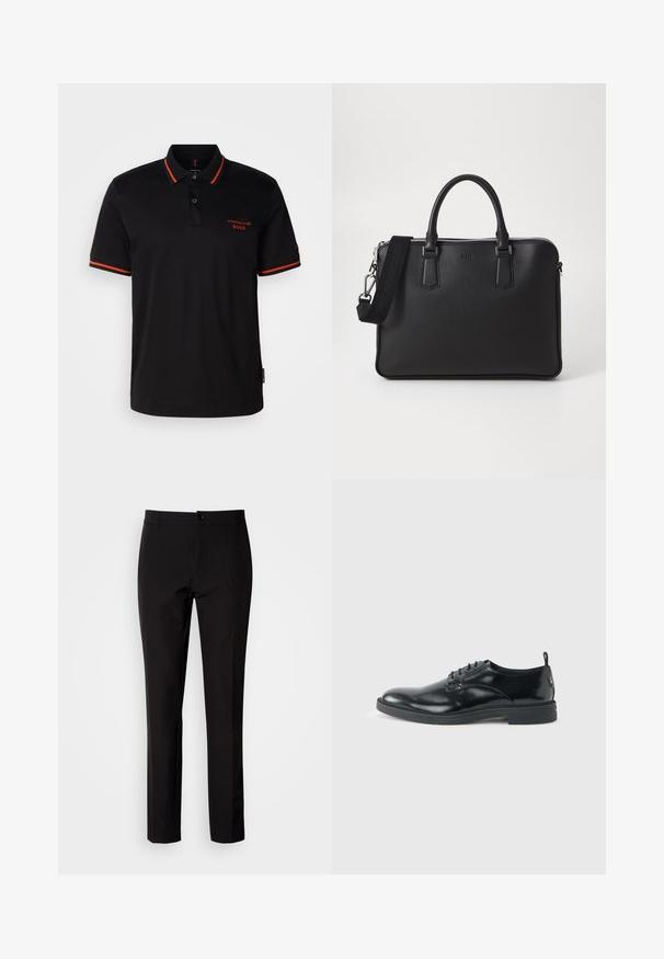 Sort polo-shirt med røde detaljer på kraven og ærmerne. Har en knaplukning ved halsen og broderet Porsche BOSS-logo i rødt.; Sorte bukser lavet af glat stof, med lige ben, lukkes med knapper foran og har diskrete sidelommer. Enkelt og skræddersyet udseende.; Blank sort læder dresssko med lav hæl, snørelukning og rund tå, vist fra siden på ensfarvet lys baggrund.; Sort lædertaske med struktureret overflade, doble håndtag og en aftagelig skulderrem. Har sølvfarvede lynlåse og minimalistiske designelementer.