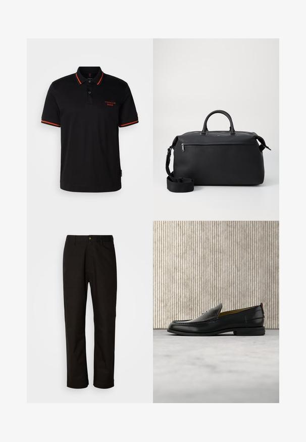 Camisa polo negra con acentos rojos en el cuello y las mangas. Presenta un escote con botones y un logo bordado de Porsche BOSS en rojo.; Pantalones de algodón negros con corte recto, presillas para el cinturón, cremallera frontal y un solo botón de cierre. Textura suave sin patrones visibles.; Mocasín de cuero negro para hombre con empeine grabado en relieve de cocodrilo y tacón bajo, mostrado de perfil sobre un fondo neutro.; Bolsa de viaje de cuero negro con dos asas superiores, una correa de hombro desmontable y un bolsillo frontal con cremallera para almacenamiento adicional.