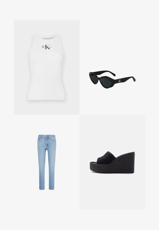 Witte katoenen tanktop met een geribbelde textuur en een ronde halslijn, met een zwart "CK" logo in het midden en merktekst eronder.; Lichtblauwe slim-fit jeans met vijf zakken, vooraan knoop- en ritssluiting, getoond tegen een witte achtergrond.; Zwarte platform sleehak sandalen met gesloten stoffen neus en hoge, stevige zool tegen een effen lichte achtergrond.; Zwarte cat-eye zonnebril met een glanzende afwerking, donkere lenzen en een "cK" logo op de poot. Hoekig ontwerp en dikke monturen.