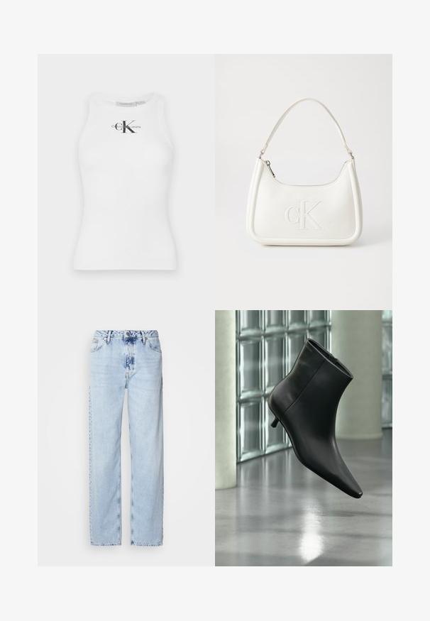 Top de tirantes de algodón blanco con textura acanalada y escote redondo, que presenta un logo negro "CK" en el centro y texto de la marca debajo.; Jeans de pierna ancha en azul claro, confeccionados en denim, con una cintura alta, un lavado desgastado y un sutil patrón de tie-dye en la parte delantera.; Botín negro de cuero con punta puntiaguda y tacón bajo estilo kitten, mostrado en ángulo sobre un suelo pulido y con una pared de bloques de vidrio de fondo.; Bolso de mano de cuero blanco con forma curvada, con un logo "CK" en relieve en la parte delantera y una sola correa para el hombro. Cierre de cremallera en la parte superior.