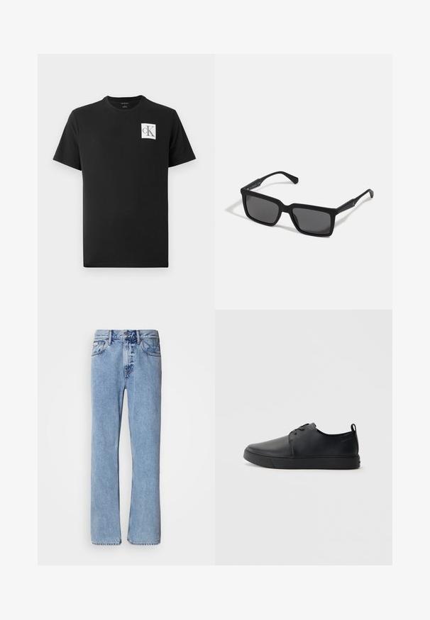 Camiseta de algodón negra con mangas cortas y cuello redondo. Presenta un logo cuadrado blanco con "CK" en negro en el lado izquierdo del pecho.; Jeans de mezclilla azul claro con un diseño de pierna recta, cinco bolsillos y cierre de botón. Detalles de costura cerca de los bolsillos y la cintura.; Zapatilla negra de cuero con acabado suave, punta redondeada, costuras a tono, cordones en la parte delantera y suela de goma plana. Asa en el talón.; Gafas de sol negras con lentes rectangulares, acabado mate, montura gruesa y brazos delgados con un discreto detalle de marca.