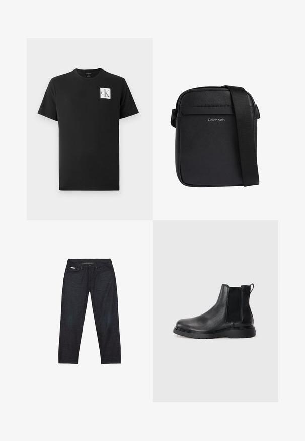 Schwarzes Baumwoll-T-Shirt mit kurzen Ärmeln und Rundhalsausschnitt. Enthält ein weißes quadratisches Logo mit "CK" in Schwarz auf der linken Brust.; Dunkelblaue Jeans aus Denim mit geradem Bein, ausgestattet mit fünf Taschen und minimalen Nahtdetails für ein sauberes Aussehen.; Schwarze Leder-Chelsea-Boots mit strukturiertem Finish, elastischen seitlichen Einsätzen und einer robusten Gummisohle. Dezentes Branding an der Ferse.; Schwarze Calvin Klein Crossbody-Tasche mit strukturierter Oberfläche und verstellbarem Schulterriemen.