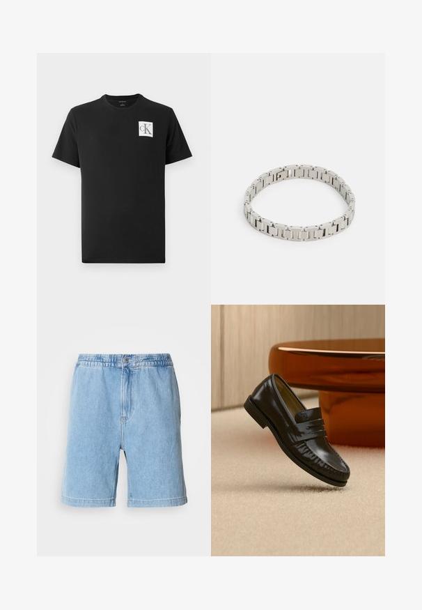 Schwarzes Baumwoll-T-Shirt mit kurzen Ärmeln und Rundhalsausschnitt. Enthält ein weißes quadratisches Logo mit "CK" in Schwarz auf der linken Brust.; Helle blaue Jeansshorts mit elastischem Bund, vorderem Knopfverschluss, seitlichen Taschen und geradem Schnitt. Mittlere Oberschenkel-Länge.; Glänzender schwarzer Leder-Loafer mit einem Riemendetail, auf einem beigen Teppich neben einem runden braunen Couchtisch in einem sanft beleuchteten Raum platziert.; Silberner Metallarmreif mit rechteckigen Gliedern, polierter Oberfläche und kleinen runden Akzenten, konzipiert für einen engen Sitz am Handgelenk.