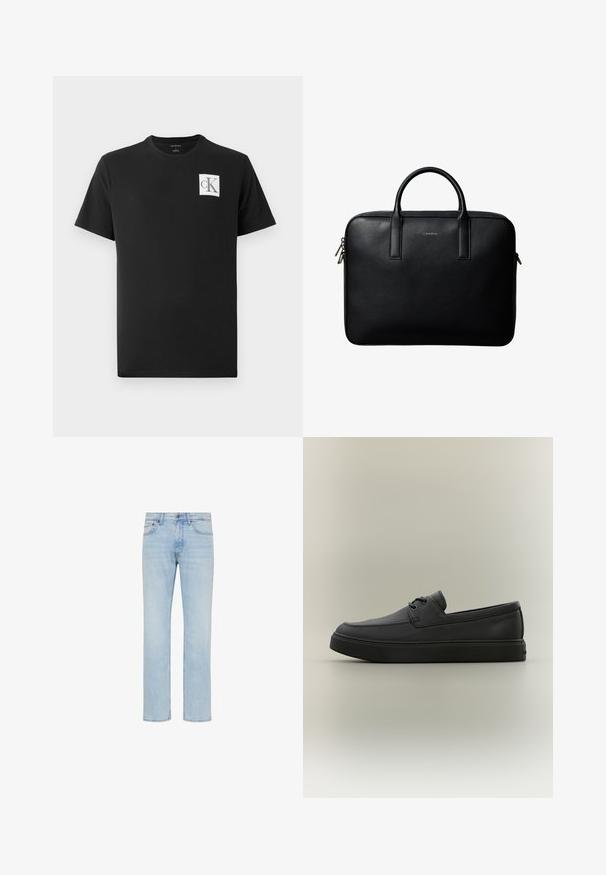 Schwarzes Baumwoll-T-Shirt mit kurzen Ärmeln und Rundhalsausschnitt. Enthält ein weißes quadratisches Logo mit "CK" in Schwarz auf der linken Brust.; Hellblaue Straight-Leg-Jeans aus Denim mit vorderem Knopf, Reißverschluss und Fünf-Taschen-Design, gezeigt auf weißem Hintergrund.; Schwarzer lässiger Lederloafer mit Schnürdetails und dicker Gummisohle, seitlich auf neutralem Hintergrund dargestellt.; Schwarze strukturierte Lederaktentasche mit zwei Griffen und silbernen Reißverschlussanhängern, zentriert auf weißem Hintergrund.