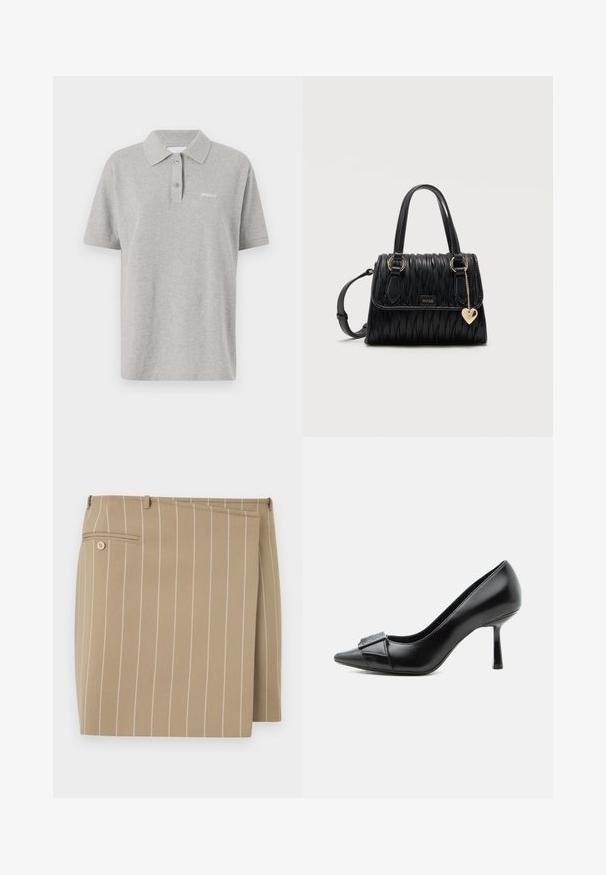 Polo gris de algodón con un cuello clásico, mangas cortas y un pequeño logo blanco en el lado izquierdo del pecho. Detalle de tapeta con dos botones.; Falda beige con rayas blancas verticales, hecha de una tela texturizada. Presenta un solapa frontal y un bolsillo trasero con un detalle de botón.; Zapato de tacón alto de cuero negro con punta afilada y hebilla decorativa en la parte delantera, mostrado de lado sobre un fondo blanco.; Bolso de cuero negro texturizado con asas dobles, anillas doradas, placa con el logo de Hugo, correa de hombro ajustable y charm dorado en forma de corazón.