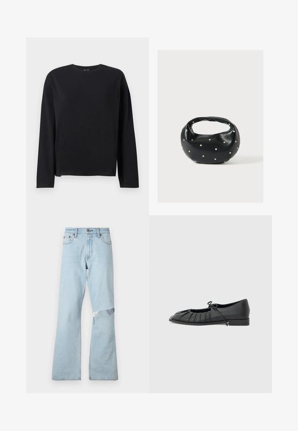 Zwarte longsleeve t-shirt gemaakt van zachte stof, met een ronde halslijn, een ontspannen fit en een rechte zoom met minimale stikdetails.; Lichtblauwe denim jeans met een uitlopende snit, met een verweerd stuk op de knie en standaard voorzakken.; Zwarte platte schoen met geplooid voorkantontwerp en een gestrikte strik bovenop, lage hak en gladde textuur op een lichtgrijze achtergrond.; Zwarte leren handtas met een afgeronde vorm, versierd met zilveren studs, en een korte handgreep. Gladde textuur en ritsluiting.