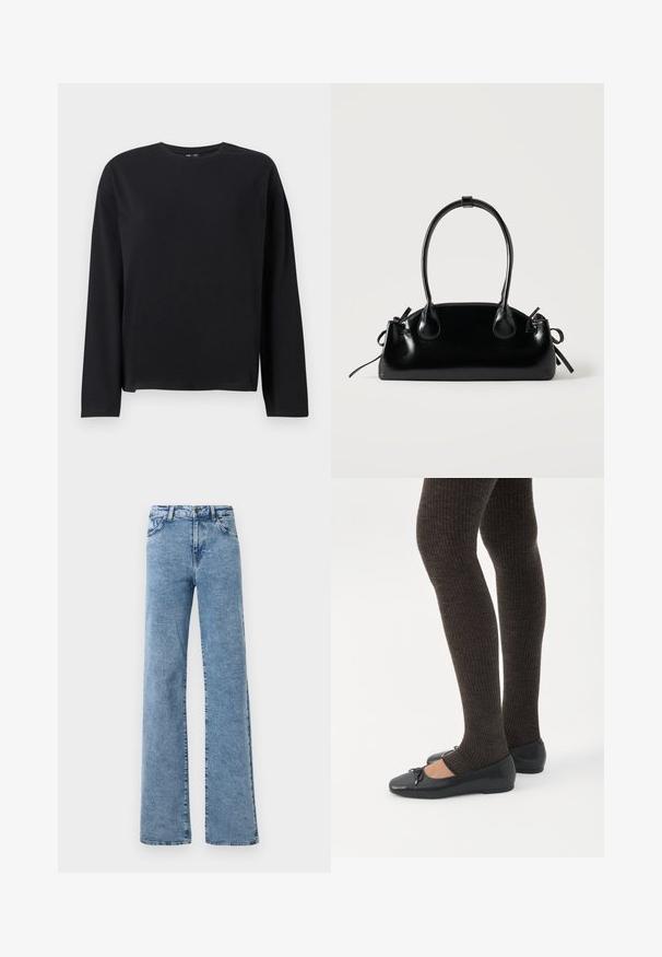 Zwarte longsleeve t-shirt gemaakt van zachte stof, met een ronde halslijn, een ontspannen fit en een rechte zoom met minimale stikdetails.; Noisy May Straight fit NMYOLANDA - Wide leg - medium blue denim; Benen met donkere geribbelde leggings gecombineerd met zwarte ballerina's met kleine strikdetails op een witte achtergrond.; Kleine zwarte glanzende handtas met twee lange hengsels en zijkant trekkoord details op een effen lichte achtergrond.