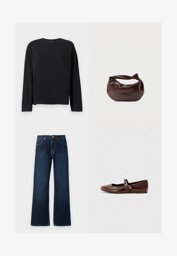 Zwarte longsleeve t-shirt gemaakt van zachte stof, met een ronde halslijn, een ontspannen fit en een rechte zoom met minimale stikdetails.; Wijdvallende donkerblauwe spijkerbroek van denim, met een rits, knoopsluiting en twee voorzakken met contrasterende stiksels.; Bruine gepatineerde leren balletschoen met een vierkante neus en een bandje met een kleine gouden gesp. Gladde textuur, lage hak en minimalistisch ontwerp.; Donkerbruine leren schoudertas met een zachte, slungelige vorm en een gedraaide knoopvormige handgreep op een effen witte achtergrond.