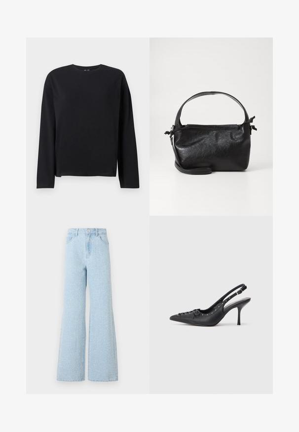 Sort langærmet T-shirt lavet af blødt stof, med rund halsudskæring, afslappet pasform og lige kant med minimale syninger.; Lys blå denim vide ben jeans med høj talje, der har en knaplukning, fem lommer og en subtil falmet tekstur.; Sorte læder slingback stiletto med spids tå, side spændebånd, nitter langs kanten og dekorativ snøring foran.; Sort læderhåndtaske med et struktureret design, rund tophåndtag og aftagelig skulderrem. Den har en glat tekstur og en subtil glans.