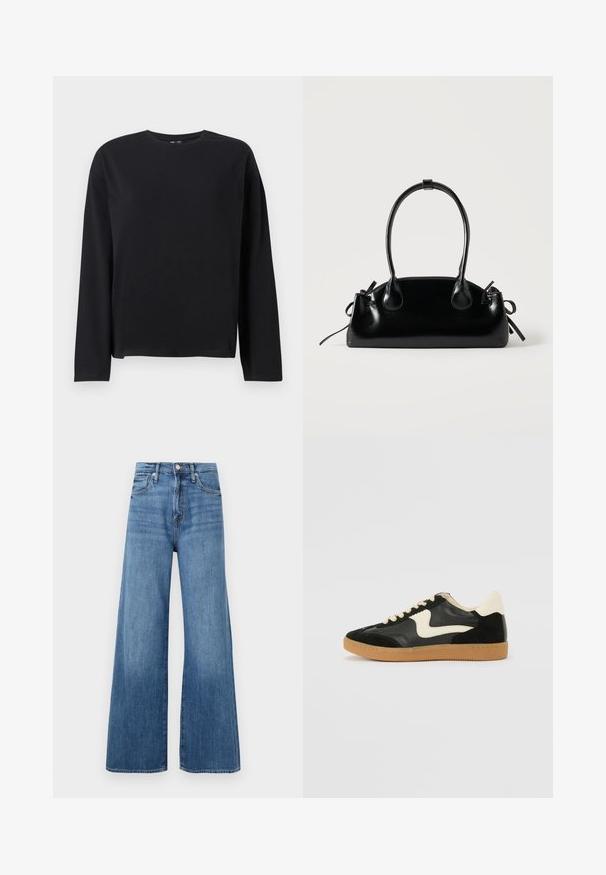 Zwarte longsleeve t-shirt gemaakt van zachte stof, met een ronde halslijn, een ontspannen fit en een rechte zoom met minimale stikdetails.; Blauwe high-waisted wijde jeans met knoop- en ritsluiting, voorzakken en subtiele vervaging op de stof.; Zwarte suède en leren sneaker met een crèmekleurige zij-swoosh en lichte crèmekleurige hiel. Voorzien van beige veters en een gumrubberen zool.; Kleine zwarte glanzende handtas met twee lange hengsels en zijkant trekkoord details op een effen lichte achtergrond.