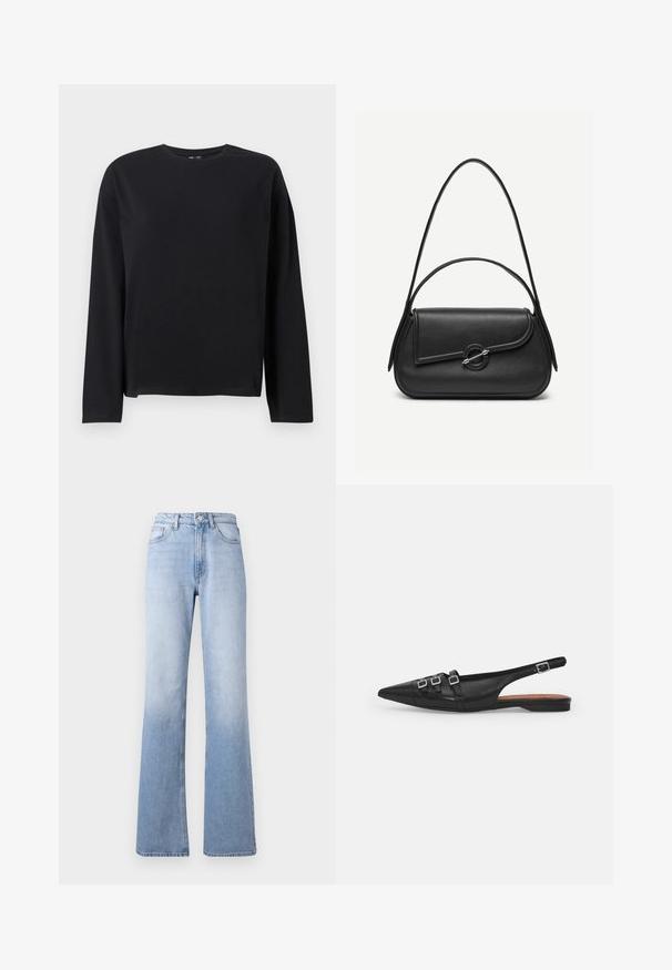 Zwarte longsleeve t-shirt gemaakt van zachte stof, met een ronde halslijn, een ontspannen fit en een rechte zoom met minimale stikdetails.; Lichtblauwe denim flared jeans met een hoge taille, uitgerust met een klassieke vijf-pocketontwerp, subtiele vervaging en een ritssluiting met knoop.; Zwarte leren slingback ballerina met spitse neus, voorzien van twee horizontale bandjes en vierkante zilveren gespen, lage hak en een gladde textuur.; Zwarte leren handtas met afgeronde hoeken, asymmetrische klep, metalen ronde sluiting en zowel korte als lange schouderriemen.