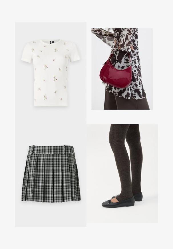 T-shirt en coton blanc à manches courtes, présentant une texture côtelée et une broderie florale dispersée en rose et vert sur l'ensemble.; Jupe plissée à carreaux noir et blanc avec une taille lisse et de multiples plis verticaux. Fabriquée en tissu léger.; Jambes portant des leggings côtelés foncés associés à des ballerines noires avec de petits détails en nœud sur fond blanc.; Femme portant un chemisier à motif noir et blanc tenant un sac à main rouge brillant sur un fond uni.