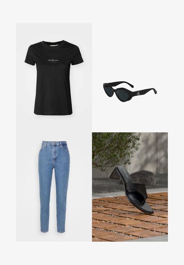 Camiseta negra de algodón con cuello redondo. Presenta un logo bordado de "Calvin Klein Jeans" en gris en el pecho. Mangas cortas.; Jeans de tiro alto rectos de color azul con botón frontal y cremallera, trabillas para cinturón y bolsillos, exhibidos sobre un fondo blanco liso.; Sandalia de tacón negra de Calvin Klein con lazo en el dedo sobre un suelo de baldosas de madera al aire libre, cerca de un árbol y un muro de piedra.; Gafas de sol negras con forma de ojo de gato, acabado brillante, lentes oscuros y un logo "cK" en la patilla. Diseño angular y montura gruesa.