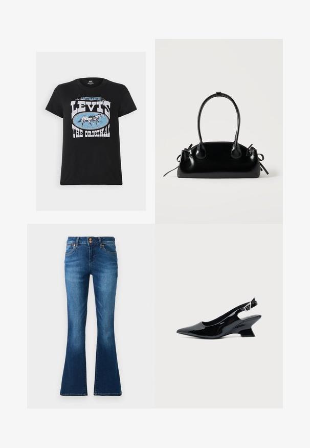 Levi's® THE PERFECT TEE - T-Shirt print - black; Blaue Denim-Jeans mit ausgestelltem Bein, Fronttaschen, Gürtelschlaufen und doppeltem Knopfverschluss, dargestellt vor einem einfarbigen Hintergrund.; Schwarzer Slingback-Schuh aus Lackleder mit spitzer Spitze und niedrigem, schrägem Blockabsatz auf einfachem hellem Hintergrund.; Kleine schwarze glänzende Handtasche mit zwei langen Griffen und seitlichen Kordelzug-Details vor einfachem hellem Hintergrund.