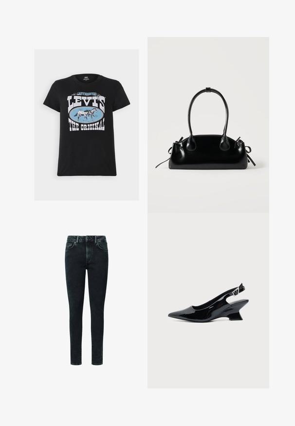 Levi's® THE PERFECT TEE - Tričko s potlačou - black; Čierne úzke džínsy z denimovej látky majú klasický dizajn s piatimi vreckami, zips na prednej strane a jemné efektne ošúchané detaily vpredu.; Čierna lakovaná slingback topánka so špicatou špičkou a nízkym šikmým blokovým opätkom na jednoduchom svetlom pozadí.; Malá čierna lesklá kabelka s dvoma dlhými rúčkami a bočnými šnúrkovými detailmi na jednoduchom svetlom pozadí.