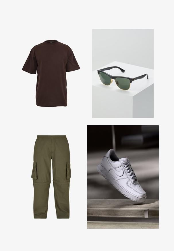 Bruine katoen t-shirt met korte mouwen, ronde hals en een relaxte pasvorm. Glad textuur zonder zichtbare patronen of accenten.; Olijfgroene cargobroek gemaakt van lichtgewicht stof, met meerdere zijzakken, een elastische tailleband en een recht gesneden ontwerp.; Witte Nike Air Force 1 sneaker van leer met geperforeerde neus, platte veters en een gestructureerde rubberen zool met "AIR"-logo aan de zijkant.; Ray-Ban zonnebrillen met groene lenzen, zwarte plastic monturen en gouden accenten aan de randen. Vierkante vorm met een matte afwerking.