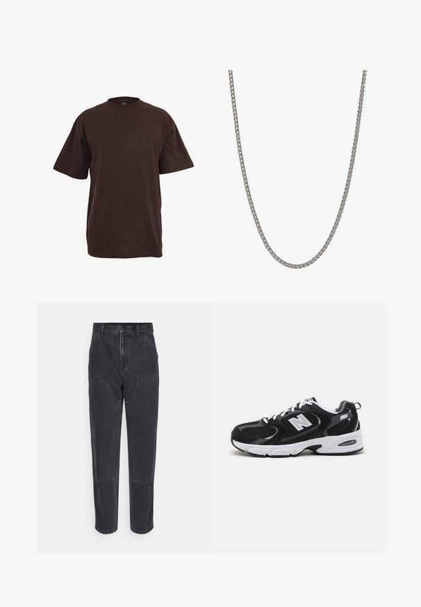 Braunes Baumwoll-T-Shirt mit kurzen Ärmeln, Rundhalsausschnitt und lockerer Passform. Glatte Textur ohne sichtbare Muster oder Akzente.; Schwarze Denim-Jeans mit hoher Taille, geradem Bein und großen frontalen Taschen. Mit kontrastierenden Nähten und ohne sichtbare Logos.; Schwarze und graue Sportschuhe mit Obermaterial aus Mesh und Wildleder, ausgestattet mit einer weißen Zwischensohle, Schnürsenkeln und einem markanten "N"-Logo an der Seite.; Metallkettengliedhalskette mit geflochtenem Design, silberner Farbe, glatter Textur und gleichmäßigen Gliedern, geeignet für verschiedene Stile und Anlässe.