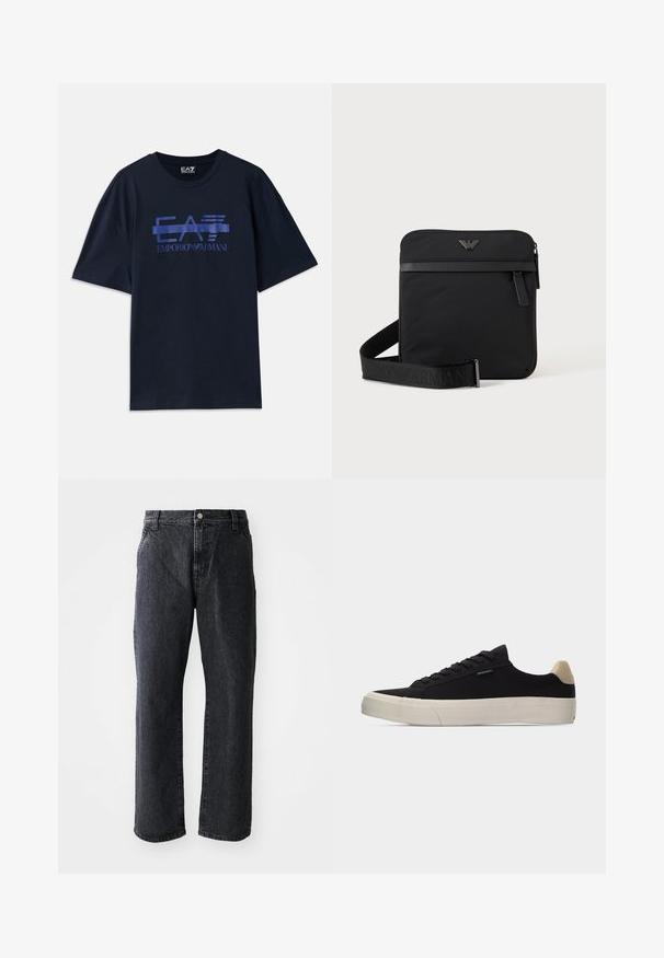 Navyblaues Baumwoll-T-Shirt mit lockerem Schnitt, das ein glänzendes EA7 Emporio Armani-Logo in Hellblau über der Brust zeigt.; Schwarze Denim-Jeans mit geradem Schnitt, ausgestattet mit einem Knopfverschluss, fünf Taschen und subtiler Textur. Klassisches Design ohne auffällige Muster.; Schwarzer Low-Top-Sneaker mit beigem Fersenlasche, weißer dicker Gummisohle, schwarzen Schnürsenkeln und kleinem "PS Paul Smith"-Label an der Seite.; Schwarze quadratische Schultertasche mit Reißverschluss, Vordertasche und verstellbarem Riemen mit eingeprägtem Markennamen.