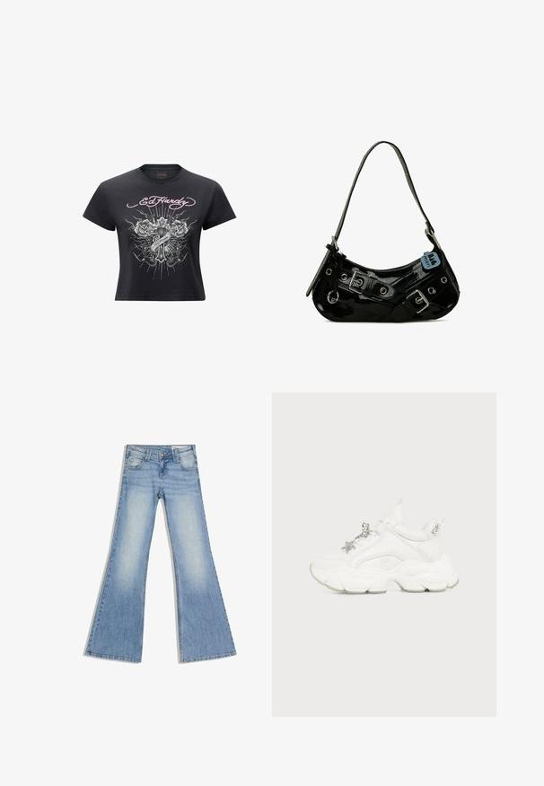 Ed Hardy VINTAGE BURNING CROSS BABY - T-shirt print - black; Lichtblauwe denim jeans met een hoge taille, voorkantzakken en wijde uitlopende pijpen, plat gelegd op een witte achtergrond.; Witte chunky sneaker met dikke getextureerde zool, zilveren hangertjes in de vorm van een ster en vlinder aan de veters, en zilveren studs op het hielstuk.; Zwarte gepatineerde leren handtas met een gebogen vorm, voorzien van zilveren hardware, decoratieve sluitingen en een korte schouderband. Blauwe label bevestigd.