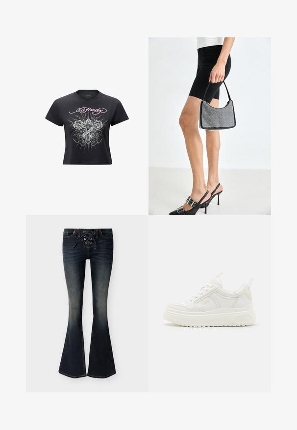 Ed Hardy VINTAGE BURNING CROSS BABY - T-shirt print - black; Donkergewassen denim flare jeans met vetersluiting aan de voorkant en subtiele vervaging op de dijen en knieën.; Witte leren sneakers met een stevige zool, vetersluiting en subtiele branding. Heeft een zachte textuur en een ronde neus.; Zwarte beaded handtas met een gebogen silhouet, draaghandvat en glanzende textuur. Draagt bij hoge zwarte hakken en strakke zwarte shorts.