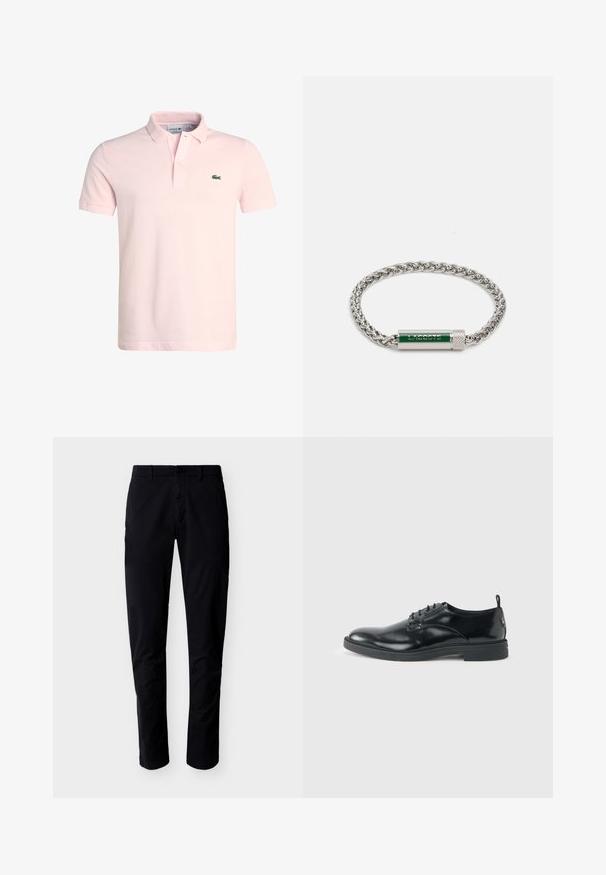 Vaaleanpunainen puuvillapolo-paita, jossa on klassinen kaulus, kaksi nappia ja pieni vihreä krokotiililogo vasemmassa rintataskussa. Lyhyet hihat.; Mustat slim-fit-housut, joissa on vyölenkit, etunappi ja vetoketjusuljin, esitettynä valkoisella taustalla.; Kiiltävä musta nahkainen juhla-kenkä, jossa on matala korko, nauhakiinnitys ja pyöreä kärki, esitetty sivulta vaalealla yksivärisellä taustalla.; Lacoste SPELT - Rannekoru - silver-coloured