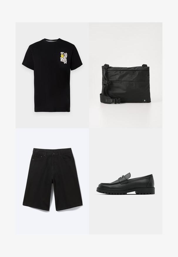 Μαύρη βαμβακερή μπλούζα T-shirt με στρογγυλή λαιμόκοψη, κοντά μανίκια και λευκό γραφικό κείμενο με έναν κίτρινο χαμογελαστό προσωπάκια στη τσέπη του στήθους.; Μαύρα τζιν σορτς μήκους έως το γόνατο με κουμπί μπροστά, θηλιές για ζώνη και πέντε τσέπες, εμφανιζόμενα σε λευκό φόντο.; Μαύρα δερμάτινα λουστρίνια με στρογγυλή μύτη, που διαθέτουν ραμμένο σχέδιο, χαμηλή πλατφόρμα και υφή με λαστιχένια σόλα με προεξοχές.; Μαύρη τσάντα ταχυδρόμου από νάιλον με ρυθμιζόμενο ιμάντα, επίπεδο σχεδιασμό και πλαϊνή ετικέτα με λογότυπο. Λείο υλικό και μίνιμαλ στυλ.