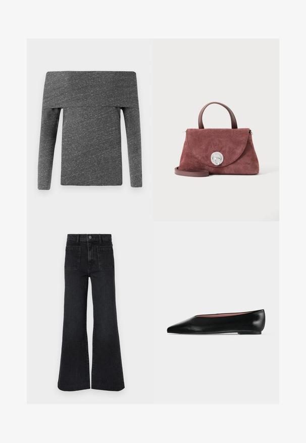CLOSED ASYMMETRIC LONG SLEEVE - Camiseta de manga larga - dark grey; Jeans negros de cintura alta y pernera acampanada con trabillas para cinturón, botón delantero, cremallera y dos grandes bolsillos parche delanteros sobre fondo blanco.; Zapato plano negro de cuero para mujer con punta puntiaguda y tacón bajo, mostrado de lado sobre un fondo liso gris claro.; Bolso pequeño de ante malva con asa superior, cierre circular plateado en la solapa frontal y correa de hombro desmontable.