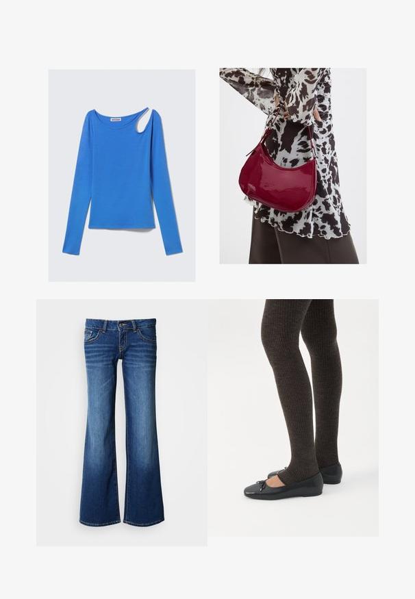 Langærmet blå top i blødt stof med unikt skulderudskæring og rund halsudskæring. Rent design, minimalistisk stil.; Bukser af blå jeans i mørkeblå med udvidede ben. Har klassisk design med fem lommer, knaplukning og kontrastsyning. Glat tekstur.; Ben iført mørke ribbede leggings kombineret med sorte balletsko med små sløjfedetaljer på hvid baggrund.; Kvinde iført en sort- og hvidmønstret bluse, der holder en blank rød skuldertaske mod en ensfarvet baggrund.