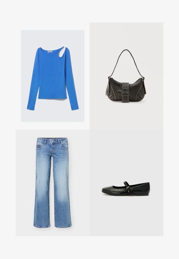Langærmet blå top i blødt stof med unikt skulderudskæring og rund halsudskæring. Rent design, minimalistisk stil.; Lyseblå denimjeans med en let vidde i benene, femlommefacon og knap- og lynlåslukning foran.; Sorte læder balletflade med rund tå, flad sål og en tynd justerbar rem over svangen med en metalspænde.; Sort læder skuldertaske med spænde på remmen, afrundede kanter og kontrasterende hvide syninger på en ensfarvet baggrund.