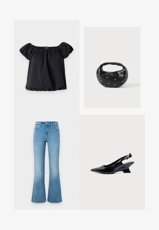 Blouse noire à épaules dénudées en tissu doux, avec des manches bouffantes, un col froncé et une coupe ample avec un ourlet élastique.; Jean flare en denim bleu clair avec poches avant, passants de ceinture et fermeture à bouton sur un fond blanc.; Chaussure slingback en cuir verni noir avec bout pointu et petit talon bloc incliné sur fond clair uni.; Sac à main en cuir noir de forme arrondie, décoré de clous argentés et équipé d'une poignée courte. Texture lisse et fermeture éclair.