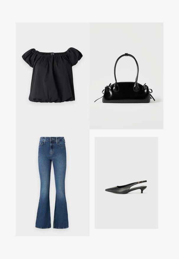 Blouse noire à épaules dénudées en tissu doux, avec des manches bouffantes, un col froncé et une coupe ample avec un ourlet élastique.; Jean évasé en denim bleu à taille haute, avec un design standard à cinq poches et une fermeture à bouton. Texture douce avec des détails légèrement décolorés.; Chaussure slingback noire à bout pointu en cuir lisse. Présente un talon fin et un détail de boucle sur la sangle réglable.; Petit sac à main noir brillant avec deux longues anses et des détails à cordon sur les côtés sur un fond clair uni.