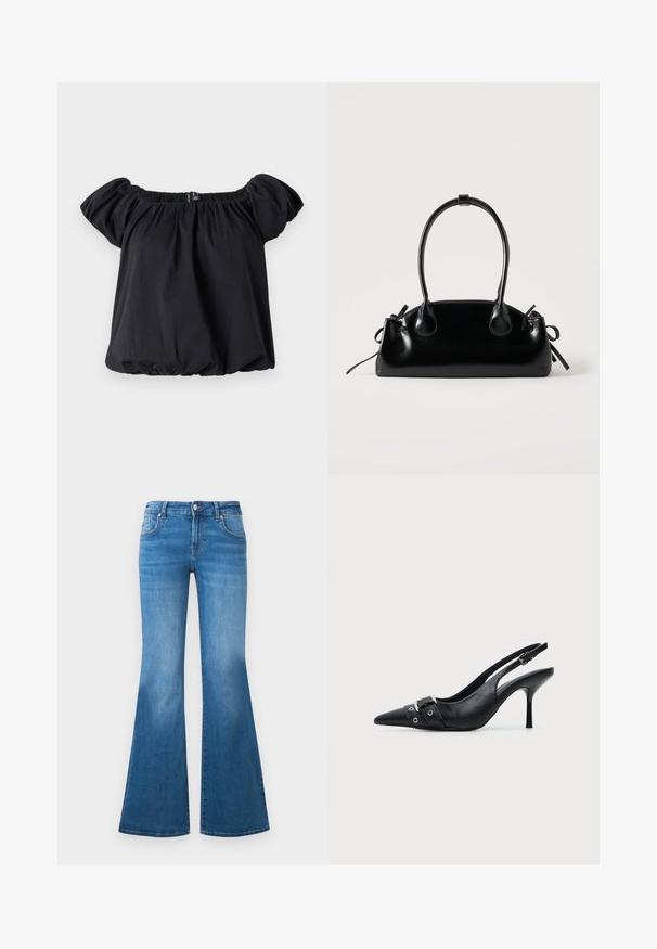 Blouse noire à épaules dénudées en tissu doux, avec des manches bouffantes, un col froncé et une coupe ample avec un ourlet élastique.; Jean en denim bleu évasé avec une taille mi-haute, cinq poches et des détails décolorés sur les cuisses. Accents en métal argenté sur les boutons.; Escarpin slingback à talon haut en cuir noir avec bout pointu, boucle et détail de bride œillet à l'avant.; Petit sac à main noir brillant avec deux longues anses et des détails à cordon sur les côtés sur un fond clair uni.