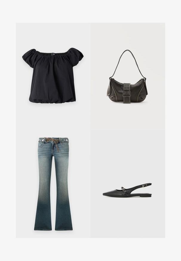 Blouse noire à épaules dénudées en tissu doux, avec des manches bouffantes, un col froncé et une coupe ample avec un ourlet élastique.; Jean en denim évasé dégradé du bleu clair au bleu foncé, avec une ceinture brodée et un cordon brun pour plus de détails.; Chaussures slingback en cuir noir avec un bout pointu, comprenant une lanière étroite et un accent de boucle argentée sur le côté. Semelle plate.; Sac à épaule en cuir noir avec une sangle à boucle, des bords arrondis et des coutures blanches contrastées sur un fond uni.