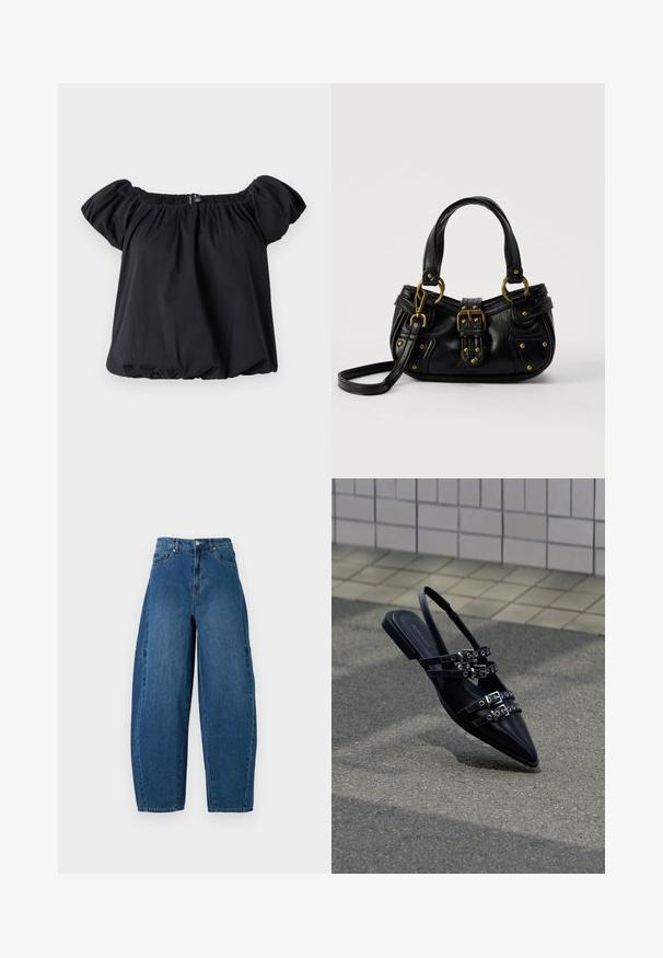 Sort off-the-shoulder bluse lavet af blødt stof, med puffærmer, en samlet halsudskæring og en løs pasform med en elastisk kant.; Denimjeans i en mellemblå vask, med højt liv, bred benpasform og standard fem-lomme design med synlige stikninger.; Sort flad sandal med spids tå, flere remme med spænder og slingback, placeret over et belagt underlag og flisevæg som baggrund.; Sort læderhåndtaske med guldbælge og nitdetaljer, korte håndtag og en justerbar skulderrem på en ensfarvet hvid baggrund.