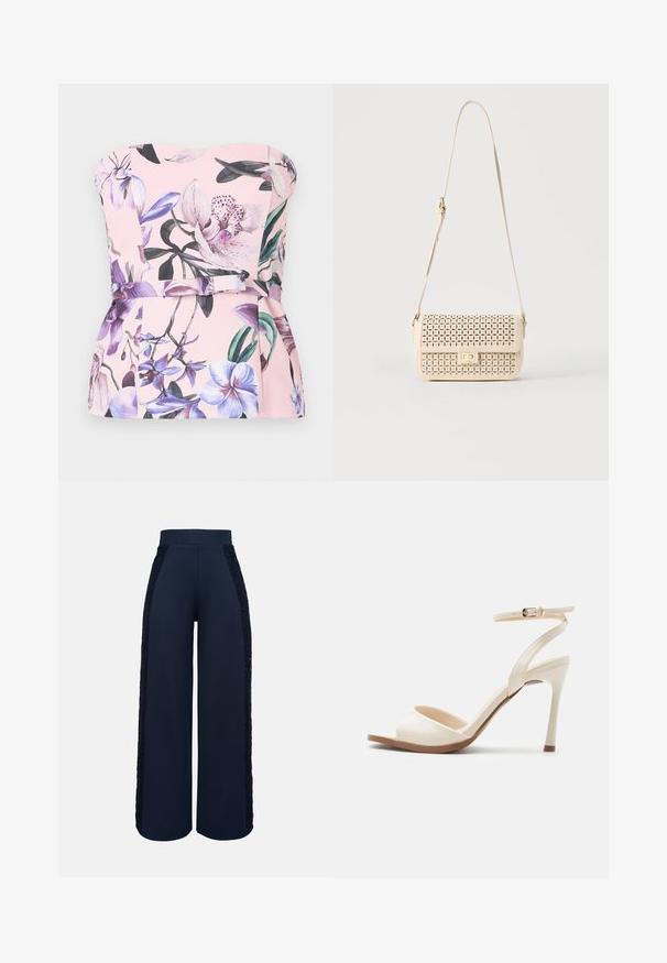 Top rose bustier avec imprimé floral violet et blanc, doté d'une taille cintrée et d'un détail ceinture en tissu.; Pantalon large marine avec taille haute et panneaux en dentelle le long des côtés extérieurs des deux jambes.; Sandale à talon haut beige avec fine bride de cheville et boucle dorée, bout ouvert et talon aiguille élégant sur fond blanc.; Sac à bandoulière beige avec motif floral perforé, fermeture à rabat, forme rectangulaire et sangle ajustable.
