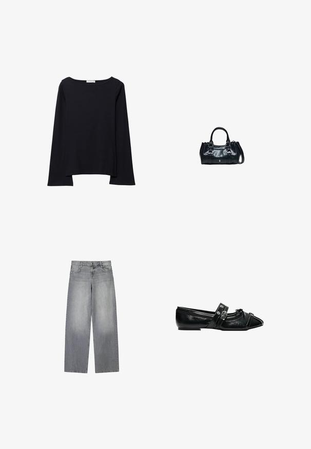 Haut noir à manches longues avec un large col rond, coupe décontractée et texture douce. Comprend un ourlet arrière légèrement plus long et sans ornements supplémentaires.; Jean en denim gris à jambes larges avec une finition légèrement décolorée, doté de cinq poches, d'une fermeture à bouton à l'avant et de passants de ceinture.; Chaussure plate en cuir verni noir avec bout pointu, brides décoratives à boucle et petit détail nœud sur fond blanc.; Sac à main en cuir noir avec deux poignées supérieures, boucles décoratives et une bandoulière amovible sur fond blanc.